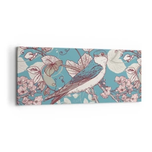 Obraz na plátne - Na bielom strome vtáky a strieborné lístie - 100x40 cm