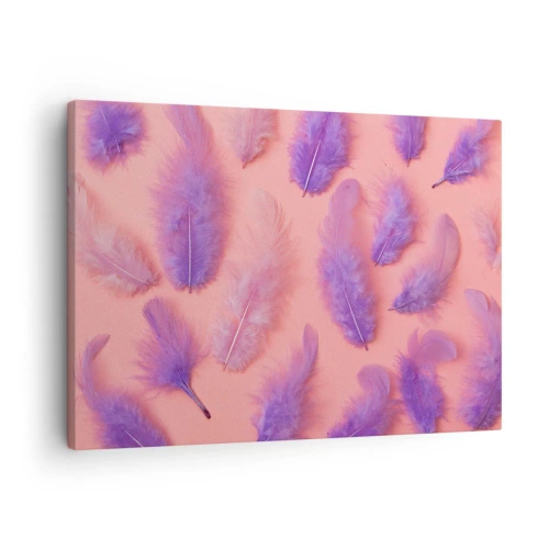 Obraz na plátne - Fialové a ružové perie na pastelovom pozadí - 70x50cm - Ľaliový vták túžby - Moderná nástenná dekorácia do obývacej izby a spálne ARTTOR