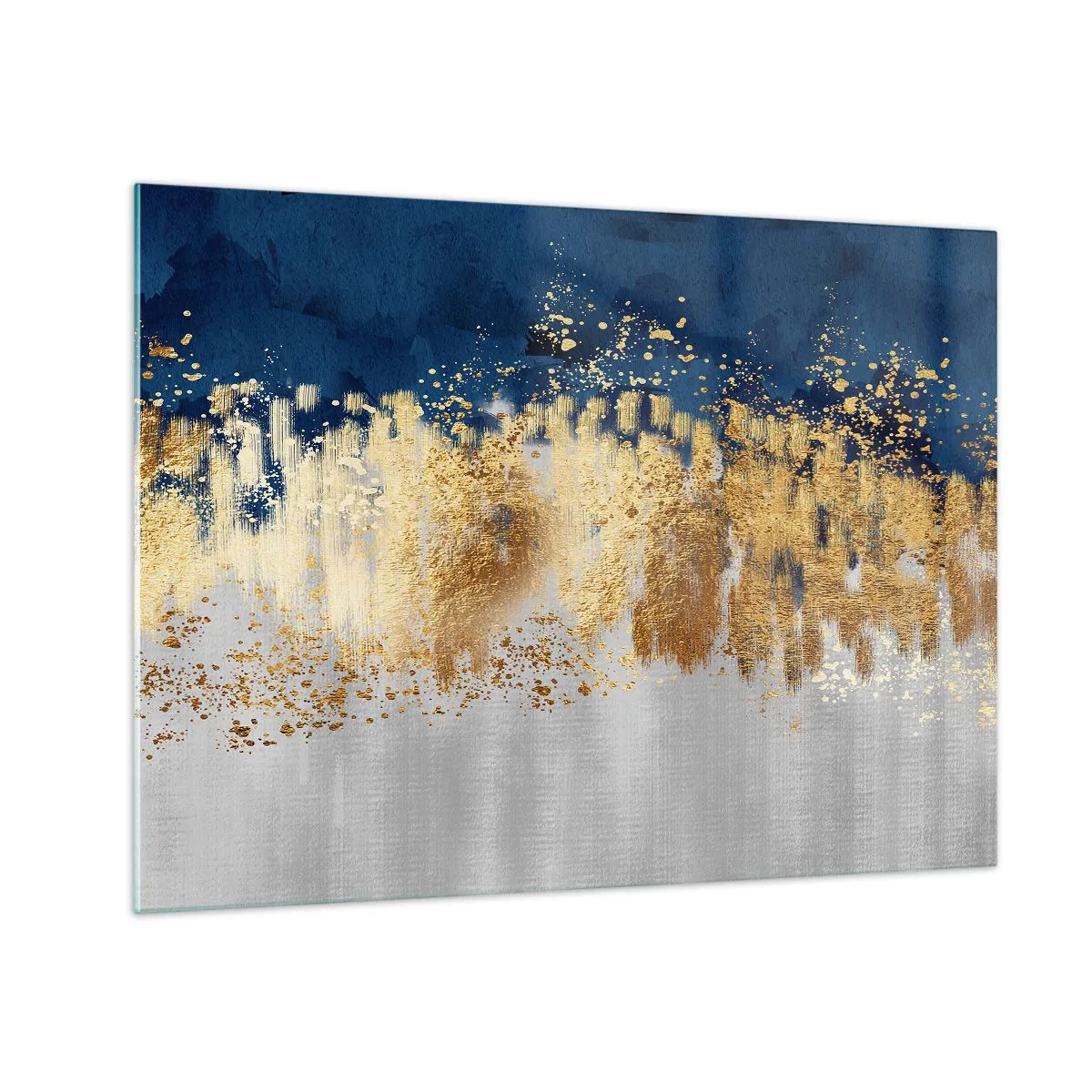 Obraz na skle - Zlaté akcenty na tmavomodrom a striebornom pozadí - 70x50cm - Moderná kompozícia s iskrou - Moderná nástenná dekorácia do obývacej izby a spálne ARTTOR