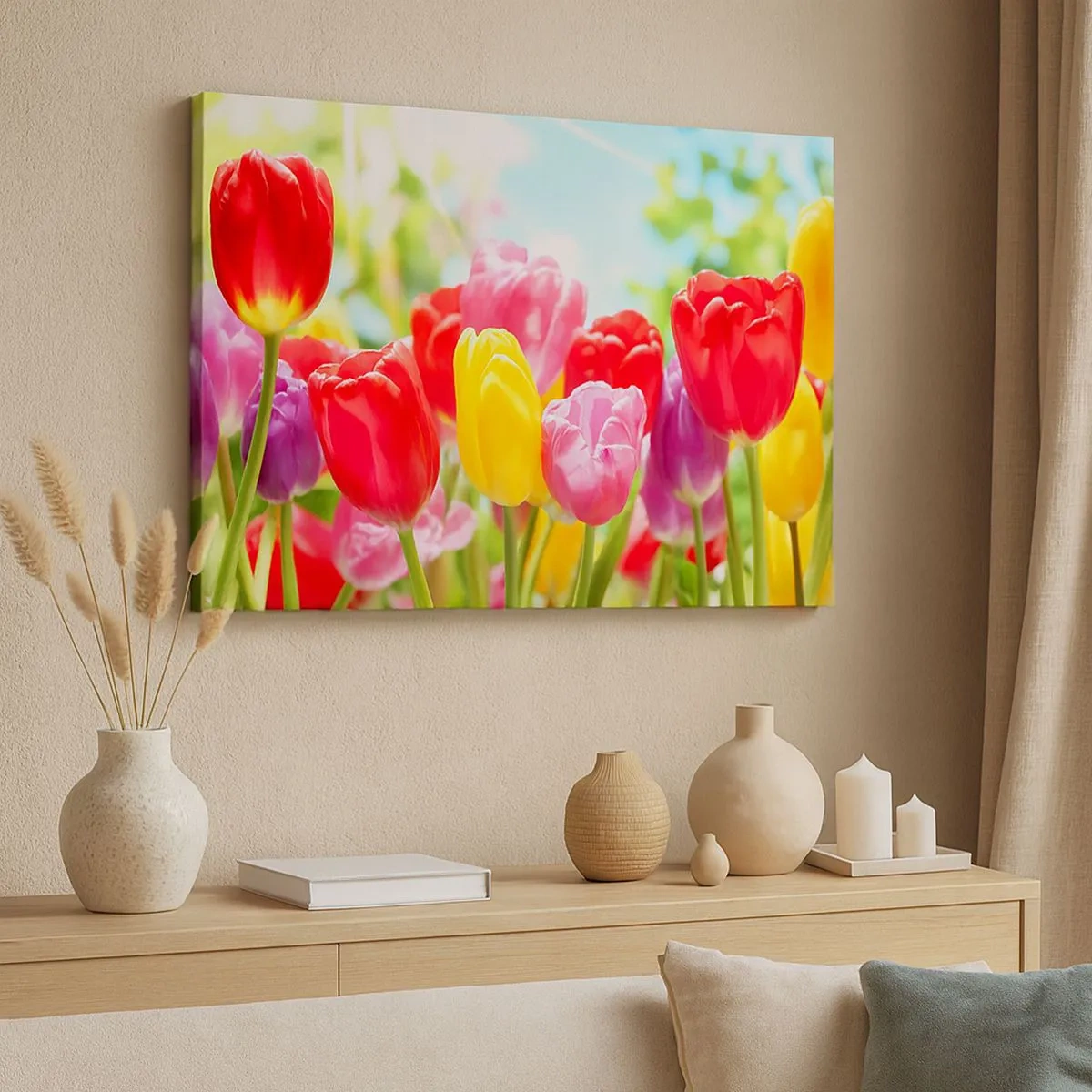 Obraz na plátne - Farebné tulipány v plnom kvete na jarnom pozadí - 70x50cm - To sme my, farby mája! - Moderná nástenná dekorácia do obývacej izby a spálne ARTTOR