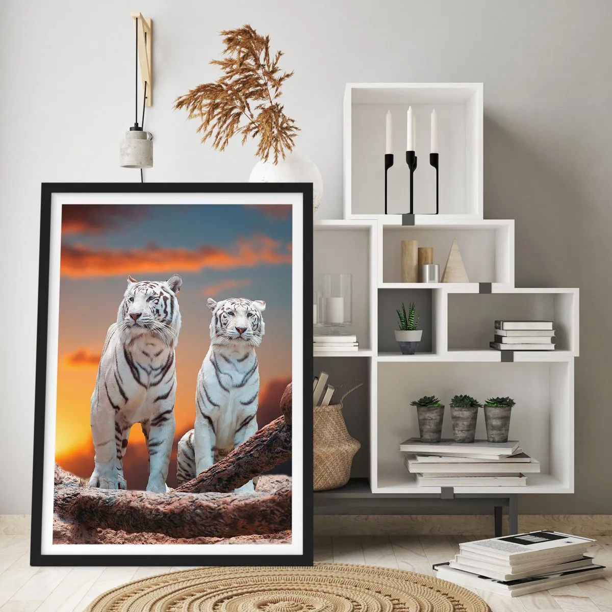 Plagát v čiernom ráme - Biele tigre proti zapadajúcemu slnku - 50x70cm - Úplne ako v Narnii - Moderná nástenná dekorácia do obývacej izby a spálne ARTTOR