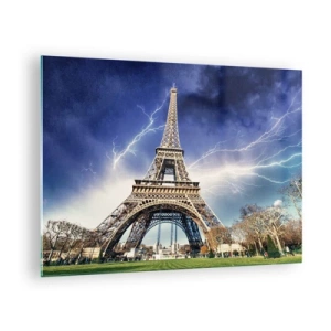 Obraz na skle - Eiffelova veža obklopená bleskami v zamračený deň - 70x50cm - Vládkyňa búrok - Moderná nástenná dekorácia do obývacej izby a spálne ARTTOR