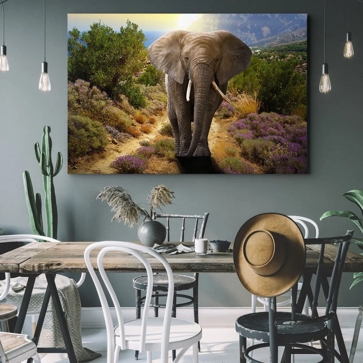 Obraz na plátne - Africký slon na pozadí savany a horskej krajiny - 70x50cm - Tak vyzeral Raj - Moderná nástenná dekorácia do obývacej izby a spálne ARTTOR