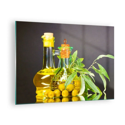 Obraz na skle - Fľaše olivového oleja a konár s olivami na pozadí - 70x50cm - Zátišie s olivami a olejom - Moderná nástenná dekorácia do obývacej izby a spálne ARTTOR