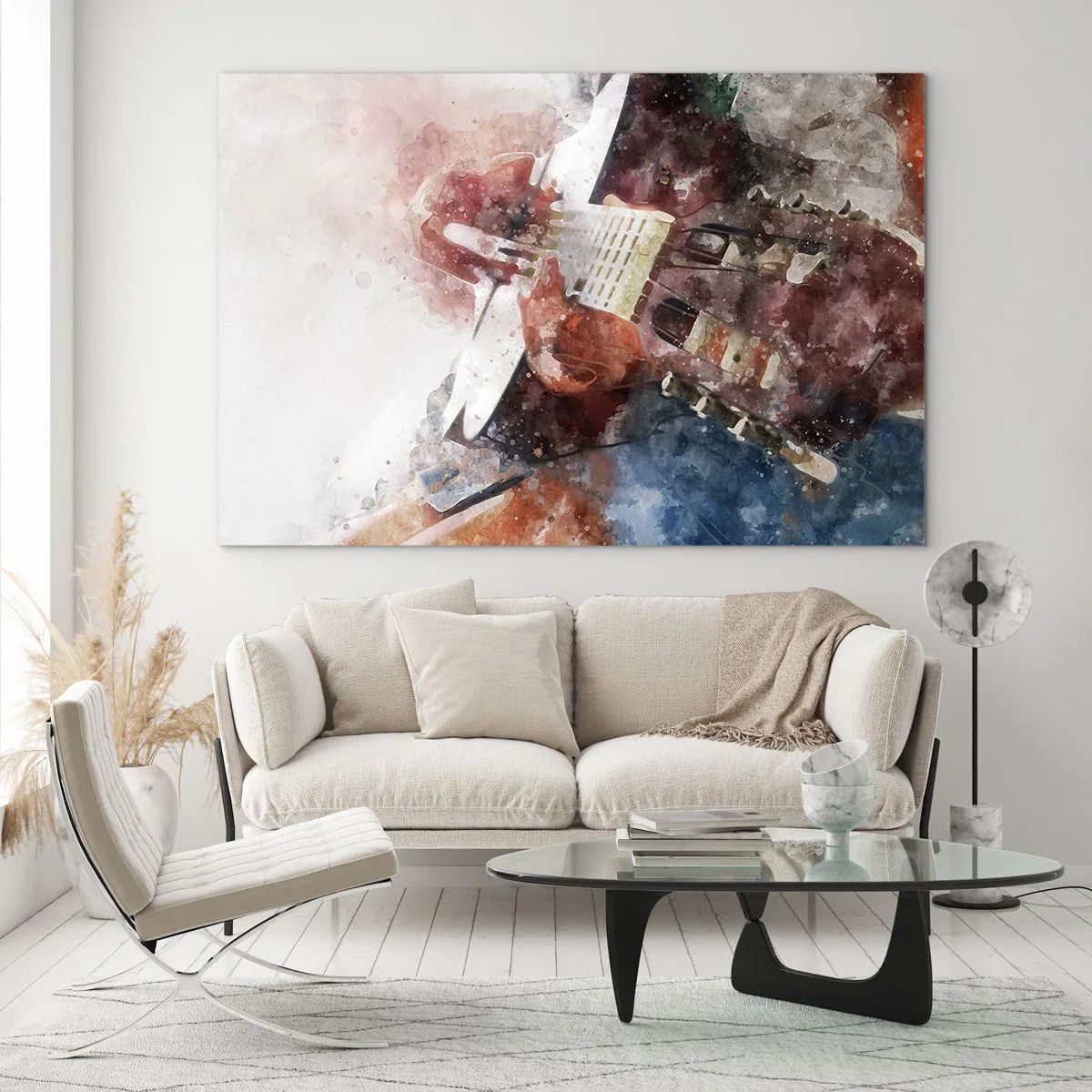 Obraz na skle - Akvarelová maľba umeleckého gitaristu - 70x50cm - Čo si o tom myslíš? - Moderná nástenná dekorácia do obývacej izby a spálne ARTTOR