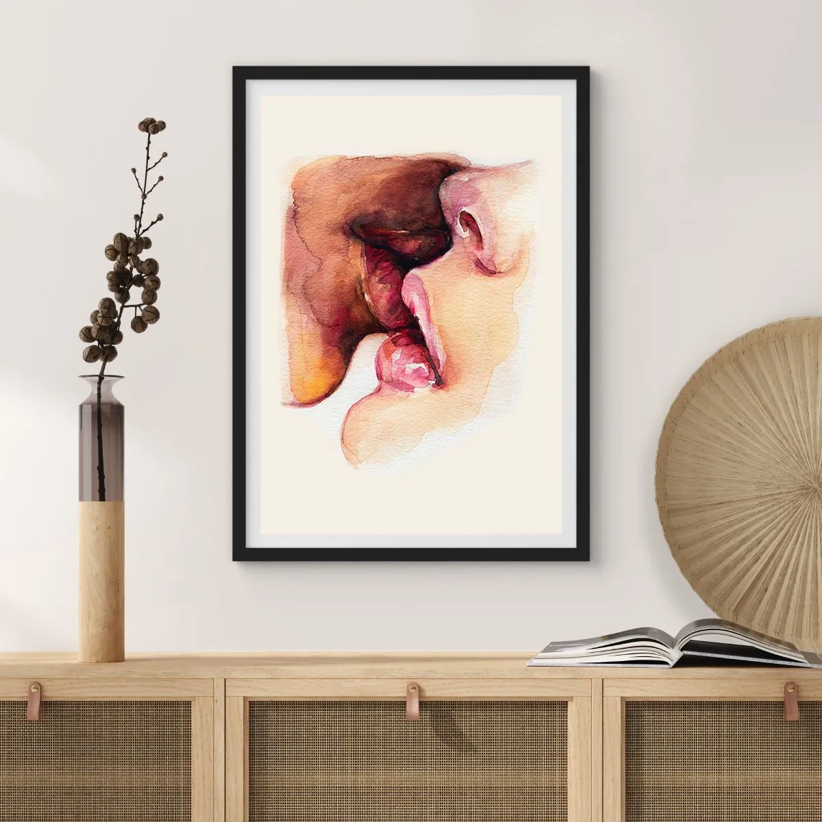 Plagát v čiernom ráme - Akvarelové pery v intímnom bozku na svetlom pozadí - 50x70cm - Ako noc a deň, zem a nebo - Moderná nástenná dekorácia do obývacej izby a spálne ARTTOR