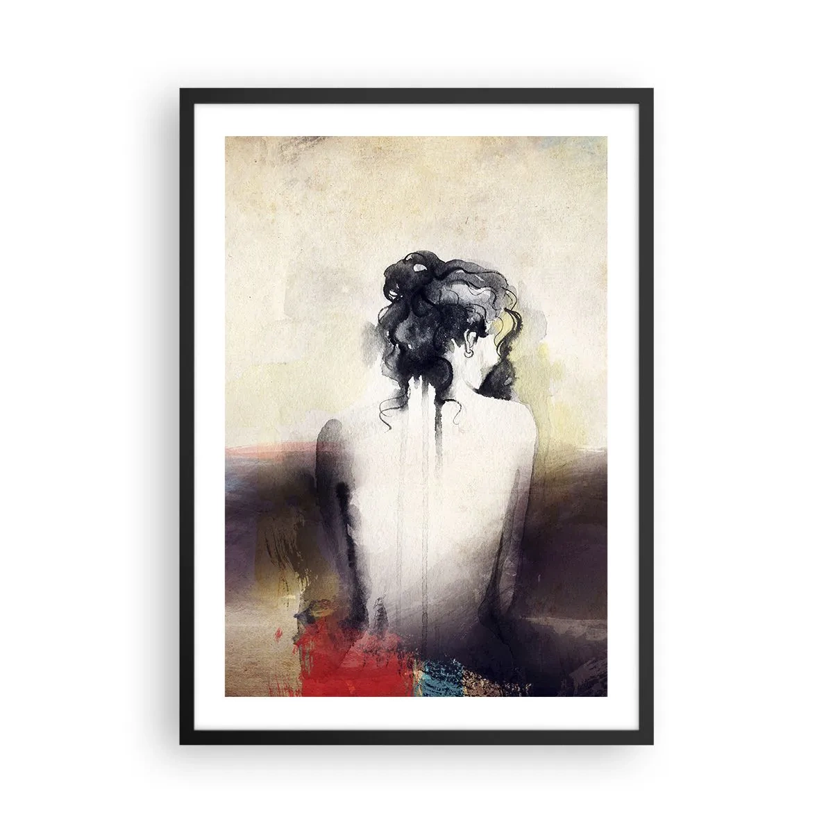 Plagát v čiernom ráme - Umelecký portrét ženy zozadu v tlmených farbách. - 50x70cm - Jemné línie, oválne tvary - Moderná nástenná dekorácia do obývacej izby a spálne ARTTOR