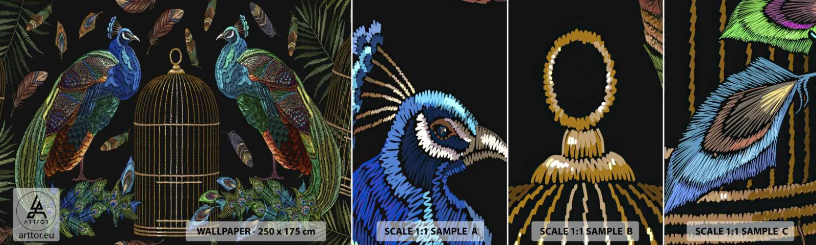 Vzorka samolepiacej fototapety Deluxe Sticker - V kráľovskom rúchu - Abstrakcia, Páv, Pávie pierko - 100x30 cm