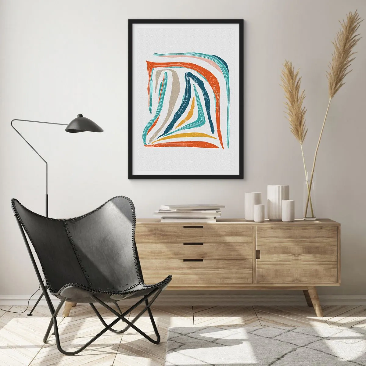 Plagát v čiernom ráme - Farebná abstrakcia s organickými líniami - 50x70cm - Priateľsky usmievavá abstrakcia - Moderná nástenná dekorácia do obývacej izby a spálne ARTTOR