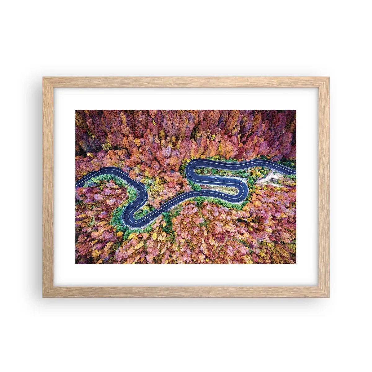 Plagát v ráme zo svetlého duba - Kľukatá cesta lesom - 40x30 cm