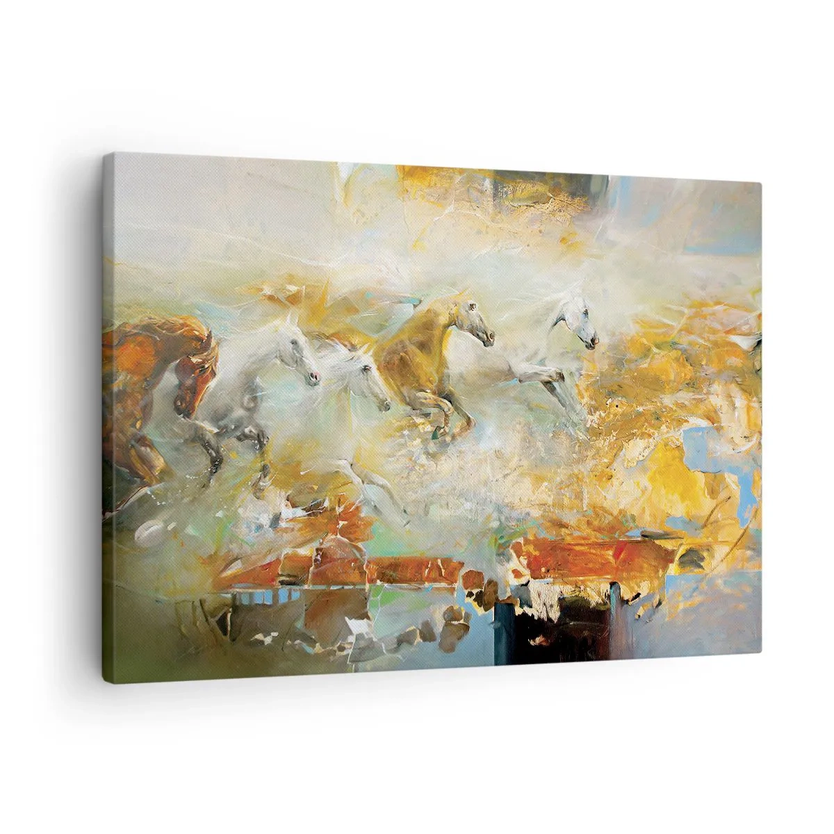 Obraz na plátne - Umelecké kone v dynamickom, farebnom prostredí - 70x50cm - Cvála svetlom - Moderná nástenná dekorácia do obývacej izby a spálne ARTTOR