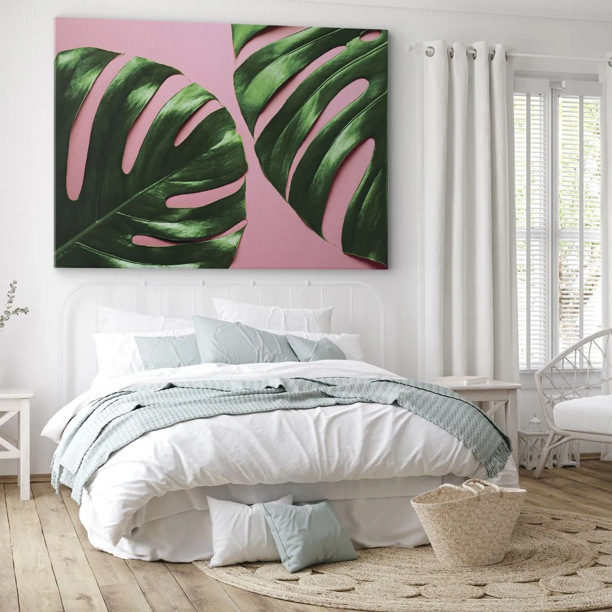 Obraz na plátne - Zelené listy monstery na ružovom pozadí - 70x50cm - Zelené rendez-vous - Moderná nástenná dekorácia do obývacej izby a spálne ARTTOR