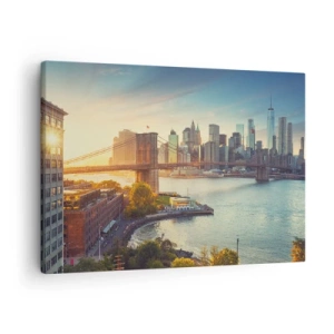 Obraz na plátne - Panoráma mesta s mostom pri západe slnka - 70x50cm - Svitanie veľkomesta - Moderná nástenná dekorácia do obývacej izby a spálne ARTTOR