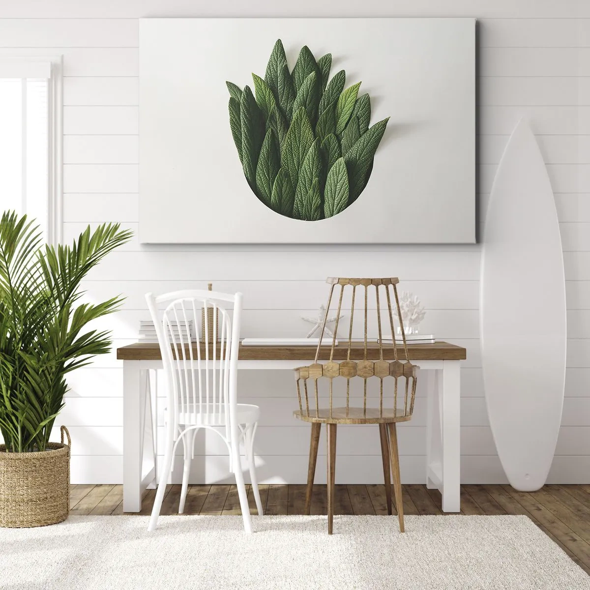 Obraz na plátne - Kompozícia zelených listov na svetlom pozadí - 70x50cm - Neukojiteľná zvedavosť - Moderná nástenná dekorácia do obývacej izby a spálne ARTTOR