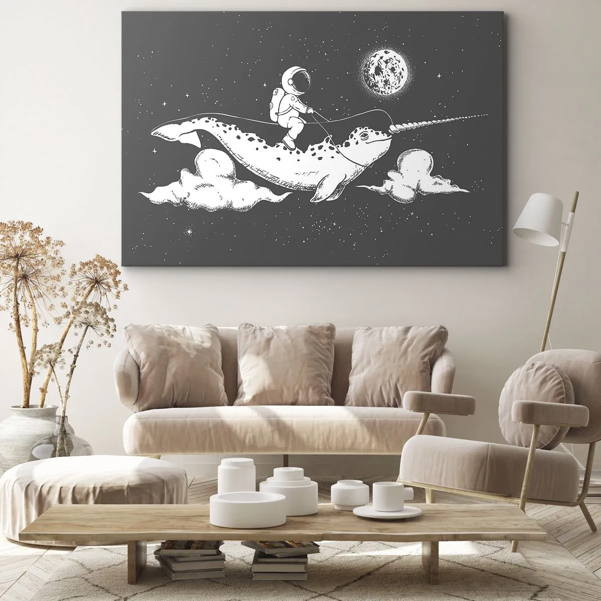 Obraz na plátne - Astronaut na chrbte narvala plávajúceho vo vesmírnej scéne. - 70x50cm - Vesmírny jazdec - Moderná nástenná dekorácia do obývacej izby a spálne ARTTOR