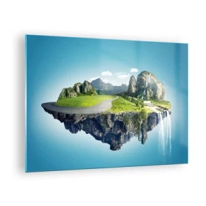 Obraz na skle - Plávajúci ostrov s horami, vodopádom a zeleňou - 70x50cm - Fantastický ostrov - Moderná nástenná dekorácia do obývacej izby a spálne ARTTOR