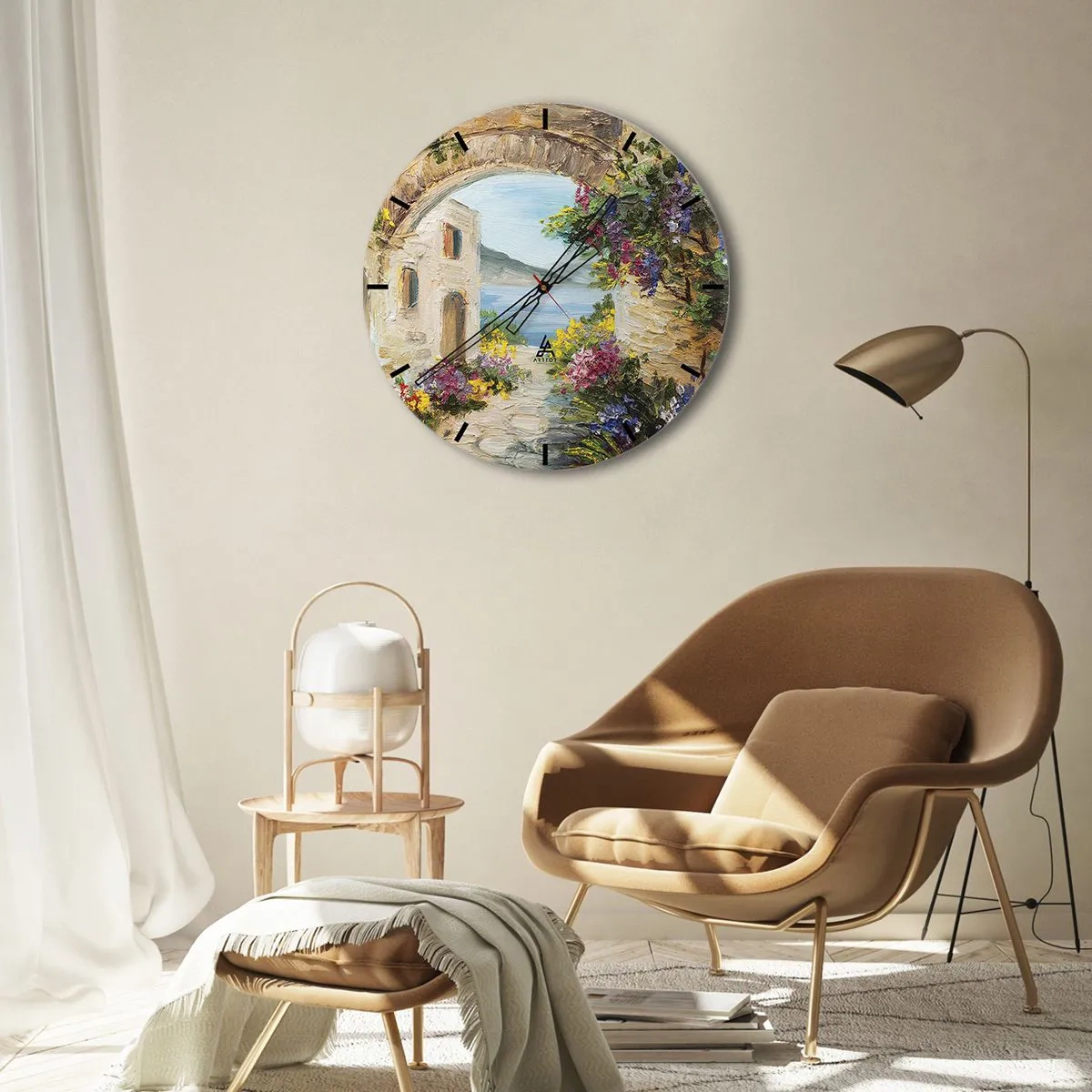 Nástenné hodiny - Atmosférická ulica s kvetmi a výhľadom na more - 30x30cm - Pôvab pobrežnej krajiny - Moderná nástenná dekorácia do obývacej izby, kuchyne a spálne ARTTOR