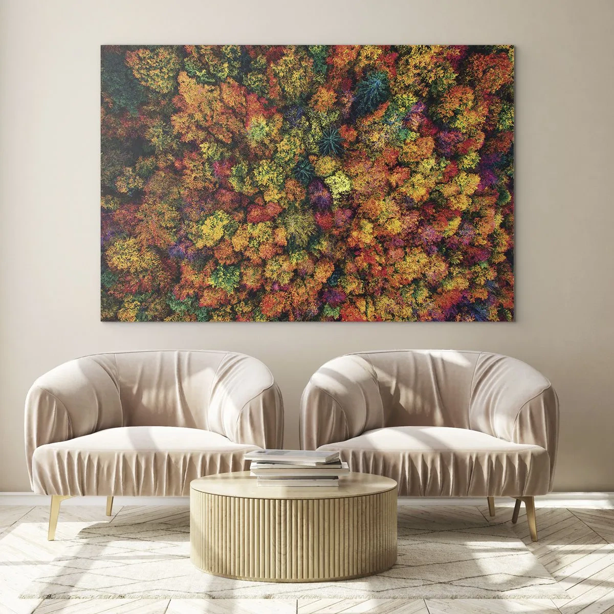 Obraz na skle - Pohľad z vtáčej perspektívy na les v plnej jeseni, plný farebných stromov - 70x50cm - Kytica jesenných stromov - Moderná nástenná dekorácia do obývacej izby a spálne ARTTOR
