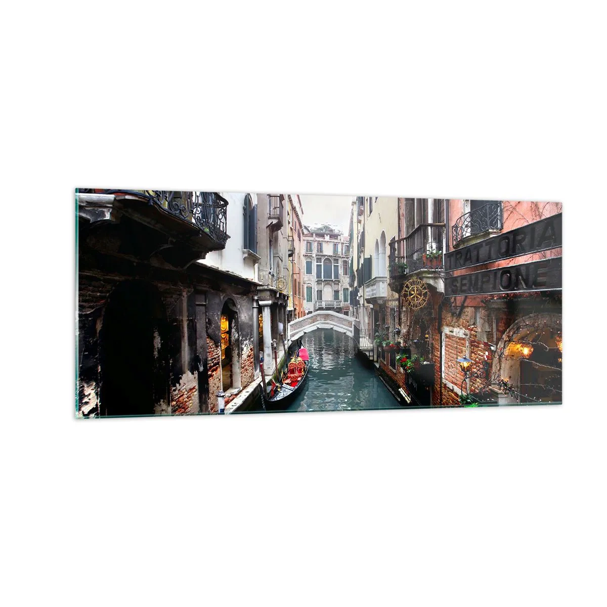 Obraz na skle - Benátska krajina s gondolou a mostíkom - 100x40 cm