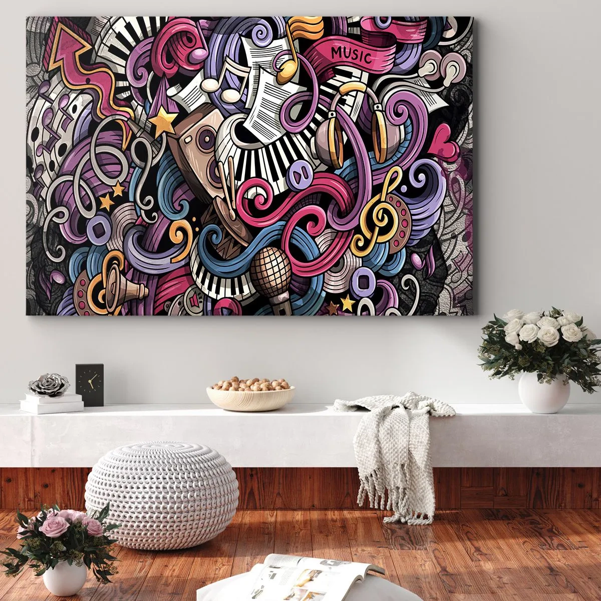Obraz na plátne - Hudobná abstrakcia plná farebných nástrojov a nôt. - 70x50cm - Komplikovaná melódia - Moderná nástenná dekorácia do obývacej izby a spálne ARTTOR