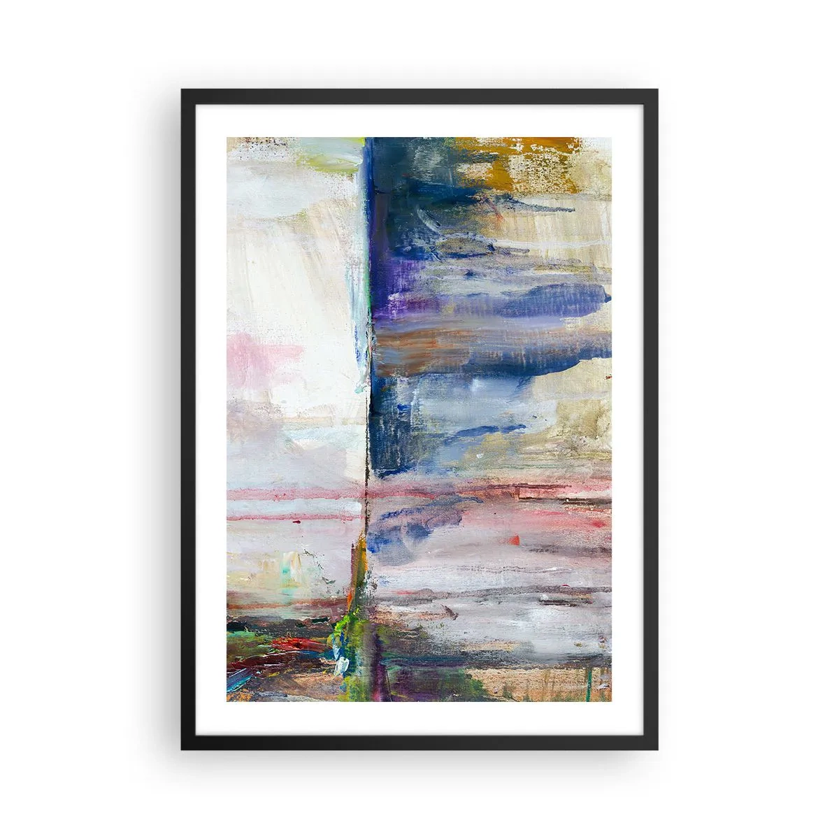 Plagát v čiernom ráme - Abstraktná kompozícia v odtieňoch modrej, béžovej a ružovej. - 50x70cm - Farebné dojmy a asociácie - Moderná nástenná dekorácia do obývacej izby a spálne ARTTOR