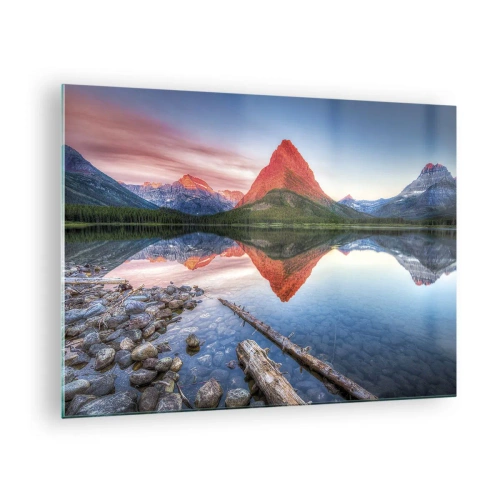 Obraz na skle - Vrchol hory odrážajúci sa v pokojnom jazere - 70x50cm - Teplo a chlad - Moderná nástenná dekorácia do obývacej izby a spálne ARTTOR
