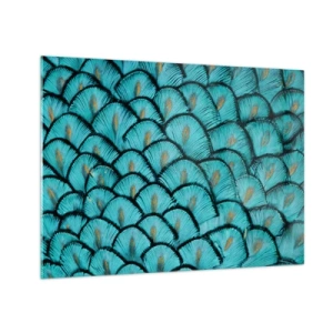Obraz na skle - Detailný záber na tyrkysové pávie perie tvoriace dekoratívny vzor. - 70x50cm - Veľká slávnosť peria - Moderná nástenná dekorácia do obývacej izby a spálne ARTTOR