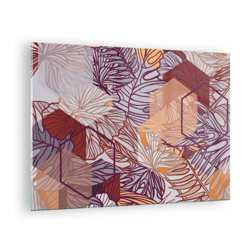 Obraz na skle - Grafické listy na pozadí geometrických tvarov - 70x50cm - Nemožný vzťah medzi geometriou a prírodou - Moderná nástenná dekorácia do obývacej izby a spálne ARTTOR