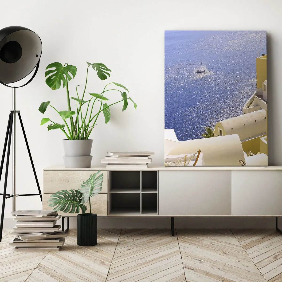 Obraz na plátne - Grécka krajina v bielej a blankytnej - 65x120 cm