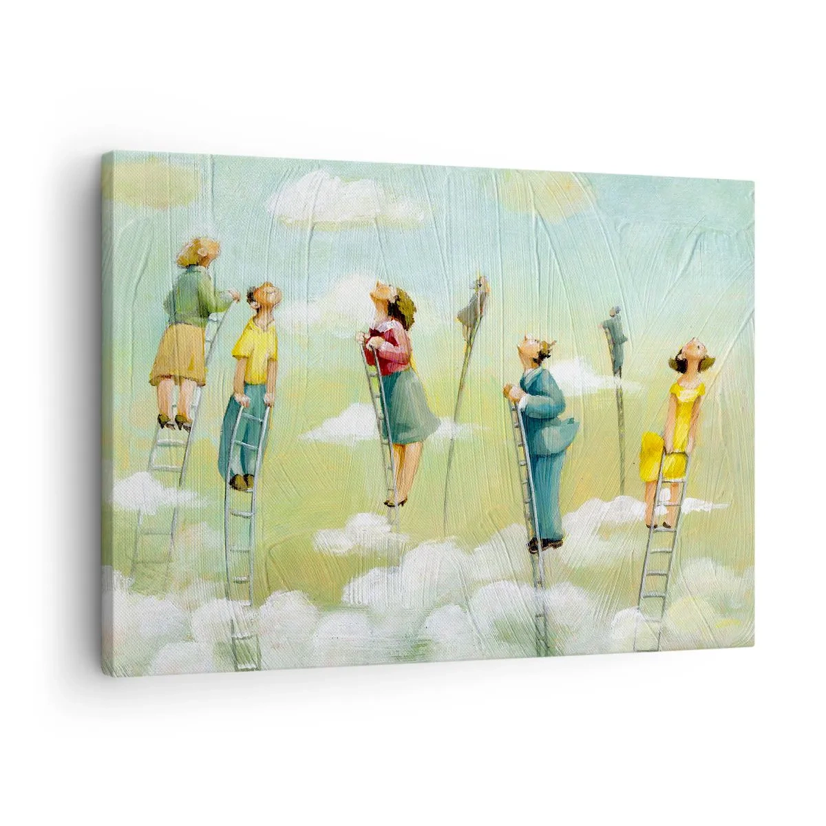 Obraz na plátne - Postavy lezúce po rebríkoch medzi oblakmi na pastelovom pozadí. - 70x50cm - Za svojim snom - Moderná nástenná dekorácia do obývacej izby a spálne ARTTOR