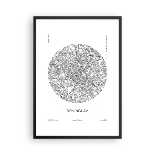 Plagát v čiernom ráme - Minimalistická čiernobiela mapa Birminghamu - 50x70cm - Anatómia Birminghamu - Moderná nástenná dekorácia do obývacej izby a spálne ARTTOR