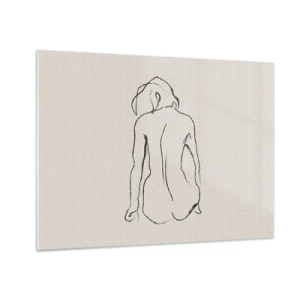 Obraz na skle - Jemná skica sediacej ženy, nakreslená čiernou farbou na svetlom pozadí. - 70x50cm - Dievčenský akt - Moderná nástenná dekorácia do obývacej izby a spálne ARTTOR