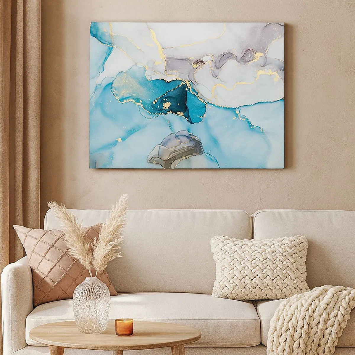 Obraz na plátne - Abstrakcia v odtieňoch modrej a zlatej s jemnými líniami - 70x50cm - Štúdia o stretnutí šedej a tyrkysovej - Moderná nástenná dekorácia do obývacej izby a spálne ARTTOR