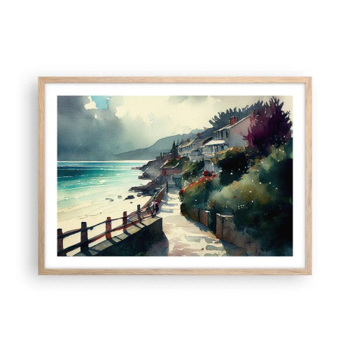Plagát v ráme zo svetlého duba - Stredomorské mestečko - 70x50 cm