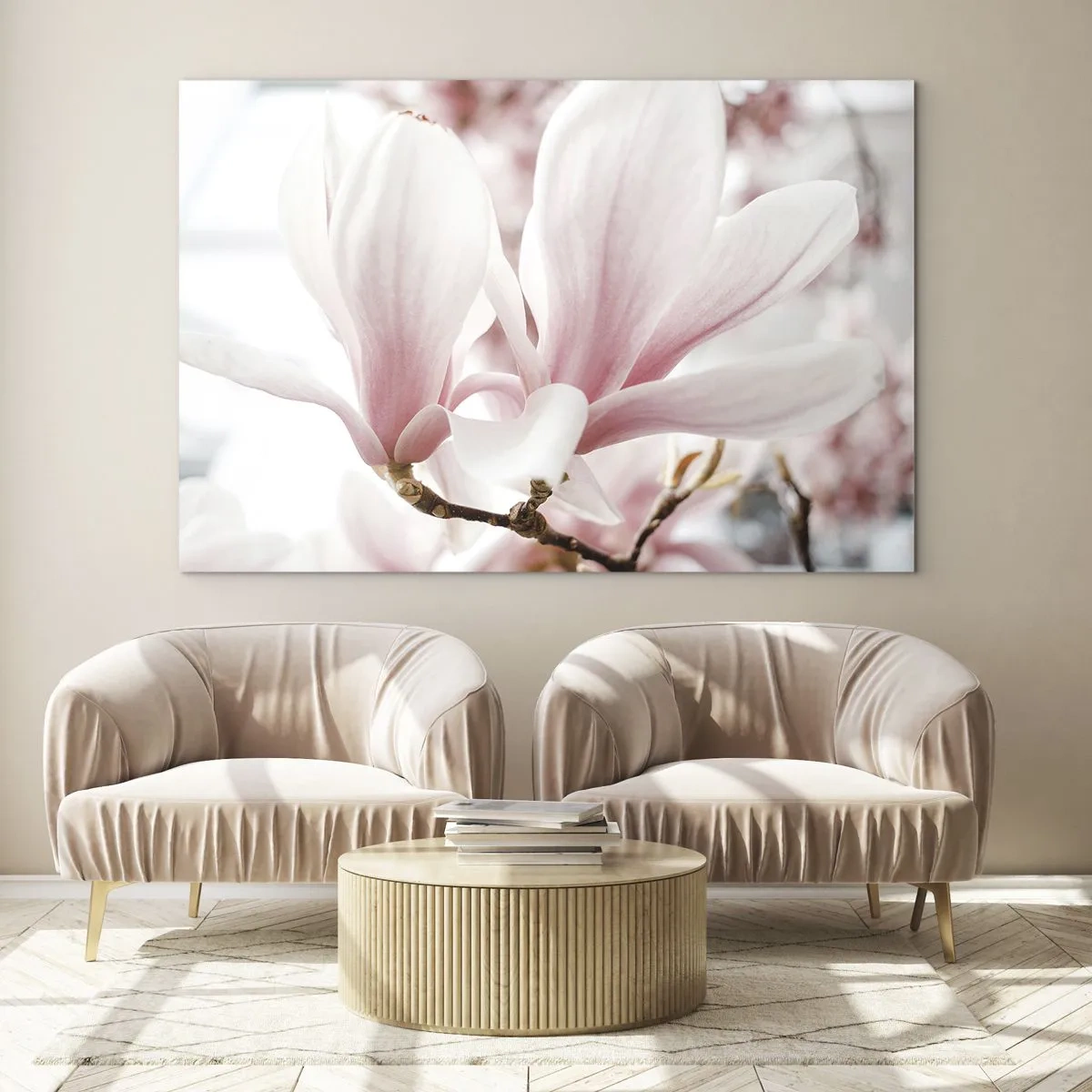 Obraz na skle - Jemné ružové magnólie zblízka na rozmazanom pozadí - 70x50cm - Nesmiernosť nežnosti - Moderná nástenná dekorácia do obývacej izby a spálne ARTTOR