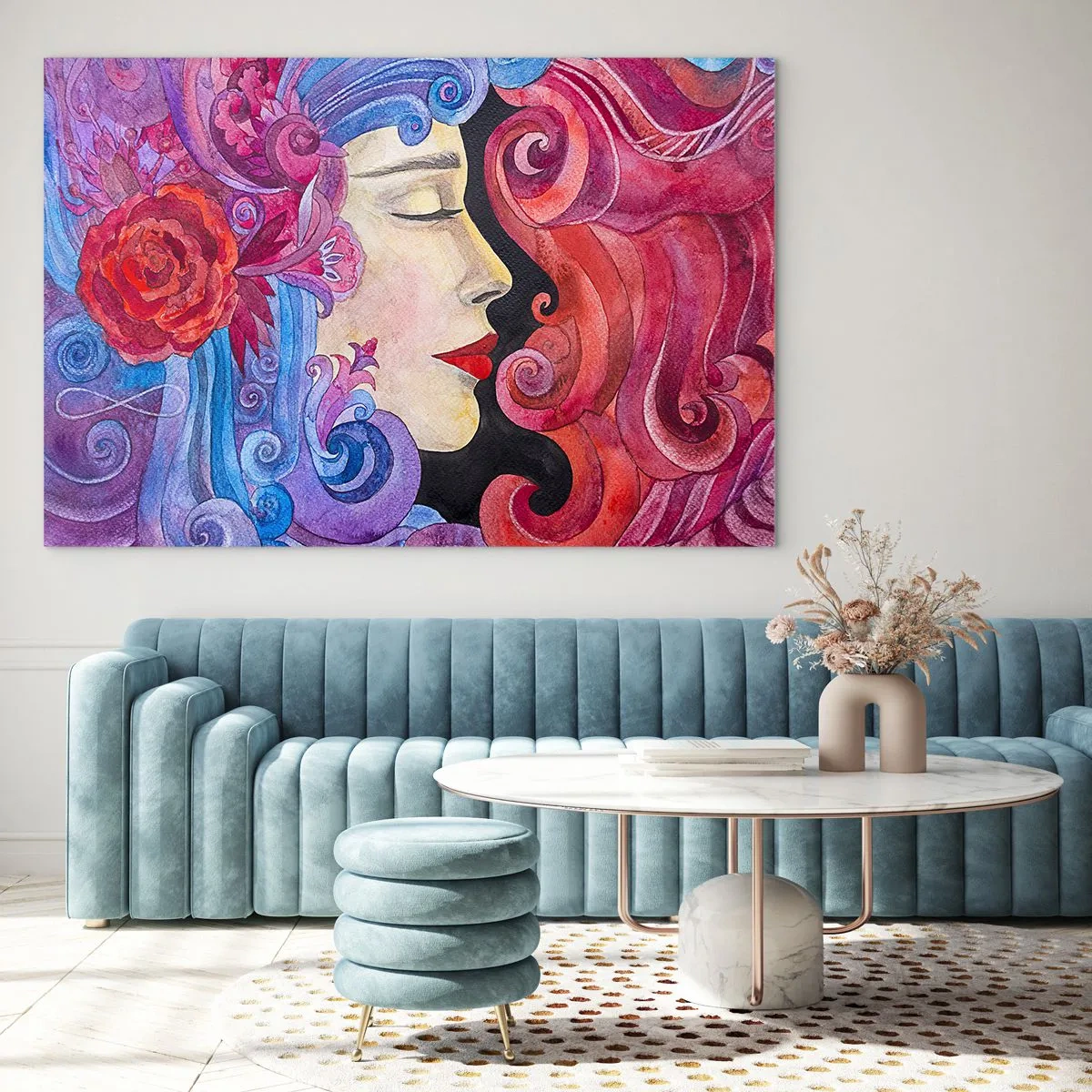 Obraz na skle - Farebný portrét ženy v secesnom štýle s bohatou ornamentikou - 70x50cm - Secesia stále živá - Moderná nástenná dekorácia do obývacej izby a spálne ARTTOR