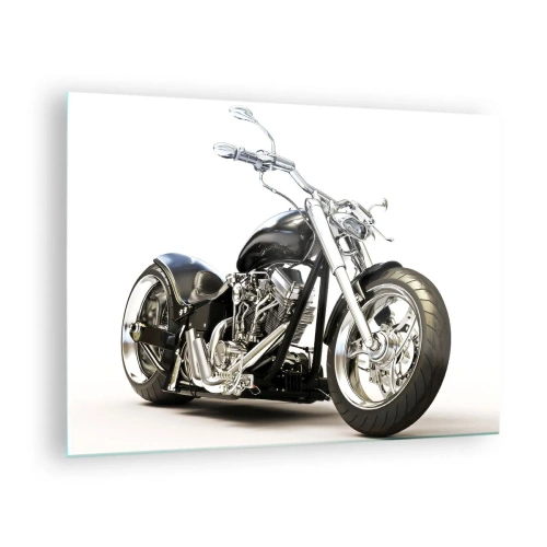 Obraz na skle - Čierny chopper motocykel na svetlom pozadí - 70x50cm - Sila s charakterom - Moderná nástenná dekorácia do obývacej izby a spálne ARTTOR