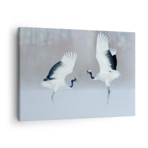 Obraz na plátne - Dva žeriavy tancujú v hmlistej krajine - 70x50cm - Tanec v hmle - Moderná nástenná dekorácia do obývacej izby a spálne ARTTOR