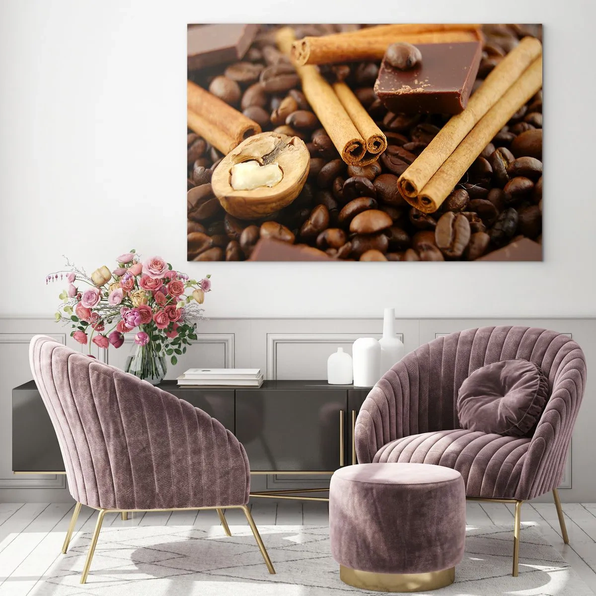 Obraz na skle - Káva, škorica, čokoláda a orech detailný záber - 70x50cm - Koncert vôní - Moderná nástenná dekorácia do obývacej izby a spálne ARTTOR