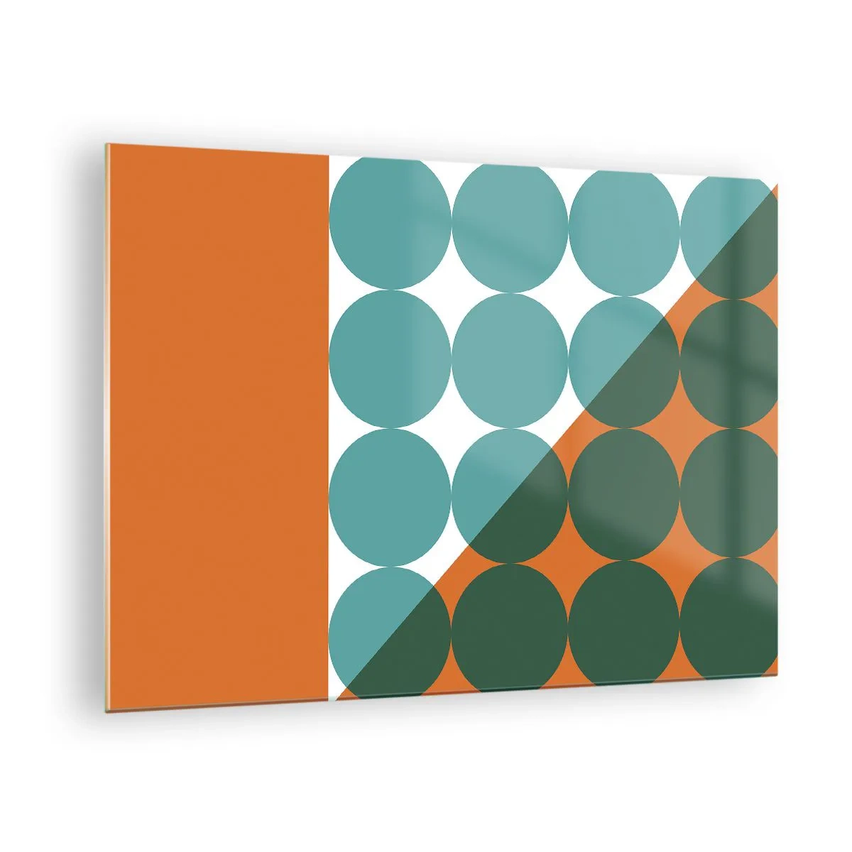 Obraz na skle - Abstraktná geometrická kompozícia s kruhmi a trojuholníkom - 70x50cm - Hore a šikmo - Moderná nástenná dekorácia do obývacej izby a spálne ARTTOR