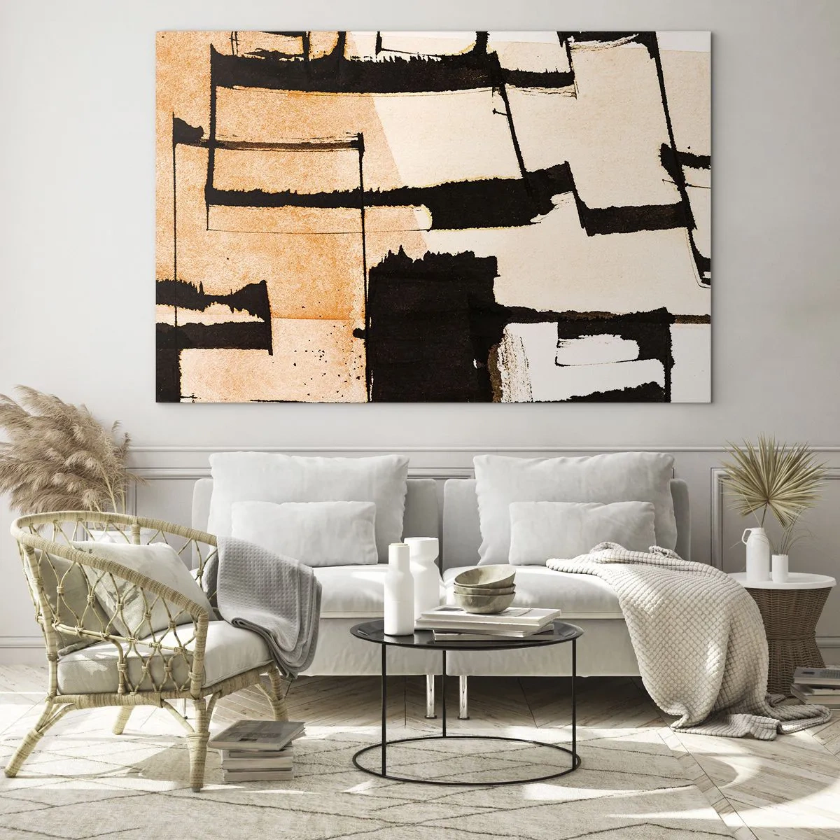 Obraz na skle - Geometrická abstrakcia v odtieňoch béžovej a čiernej - 70x50cm - Avšak poriadok - Moderná nástenná dekorácia do obývacej izby a spálne ARTTOR