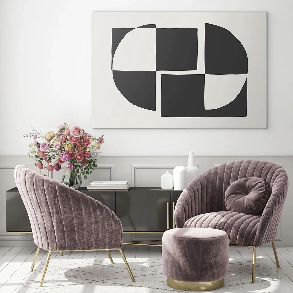 Obraz na skle - Geometrická kompozícia čiernobielych tvarov - 70x50cm - Antitéza – syntéza - Moderná nástenná dekorácia do obývacej izby a spálne ARTTOR