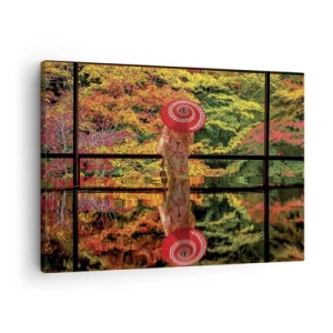 Obraz na plátne - Žena v kimone s dáždnikom na pozadí jesennej krajiny. - 70x50cm - V chráme prírody - Moderná nástenná dekorácia do obývacej izby a spálne ARTTOR