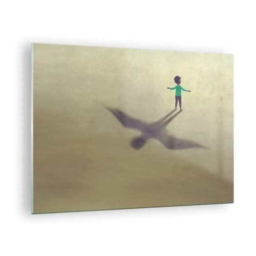 Obraz na skle - Chlapec s tieňom v tvare vtáka na béžovom pozadí - 70x50cm - Hrdina budúcnosti - Moderná nástenná dekorácia do obývacej izby a spálne ARTTOR