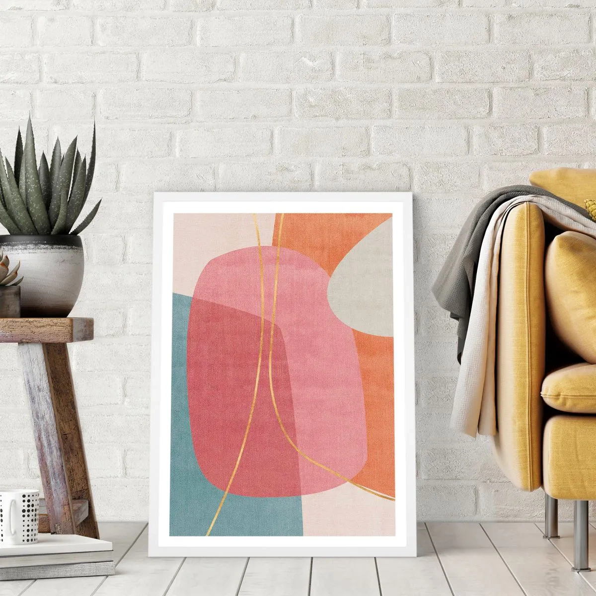 Plagát v bielom ráme - Pastelová kompozícia so zlatou niťou - 30x40 cm