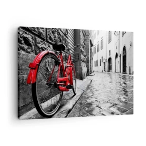 Obraz na plátne - Červený bicykel na čiernobielej ulici - 70x50cm - Skutočná krása nestarne - Moderná nástenná dekorácia do obývacej izby a spálne ARTTOR