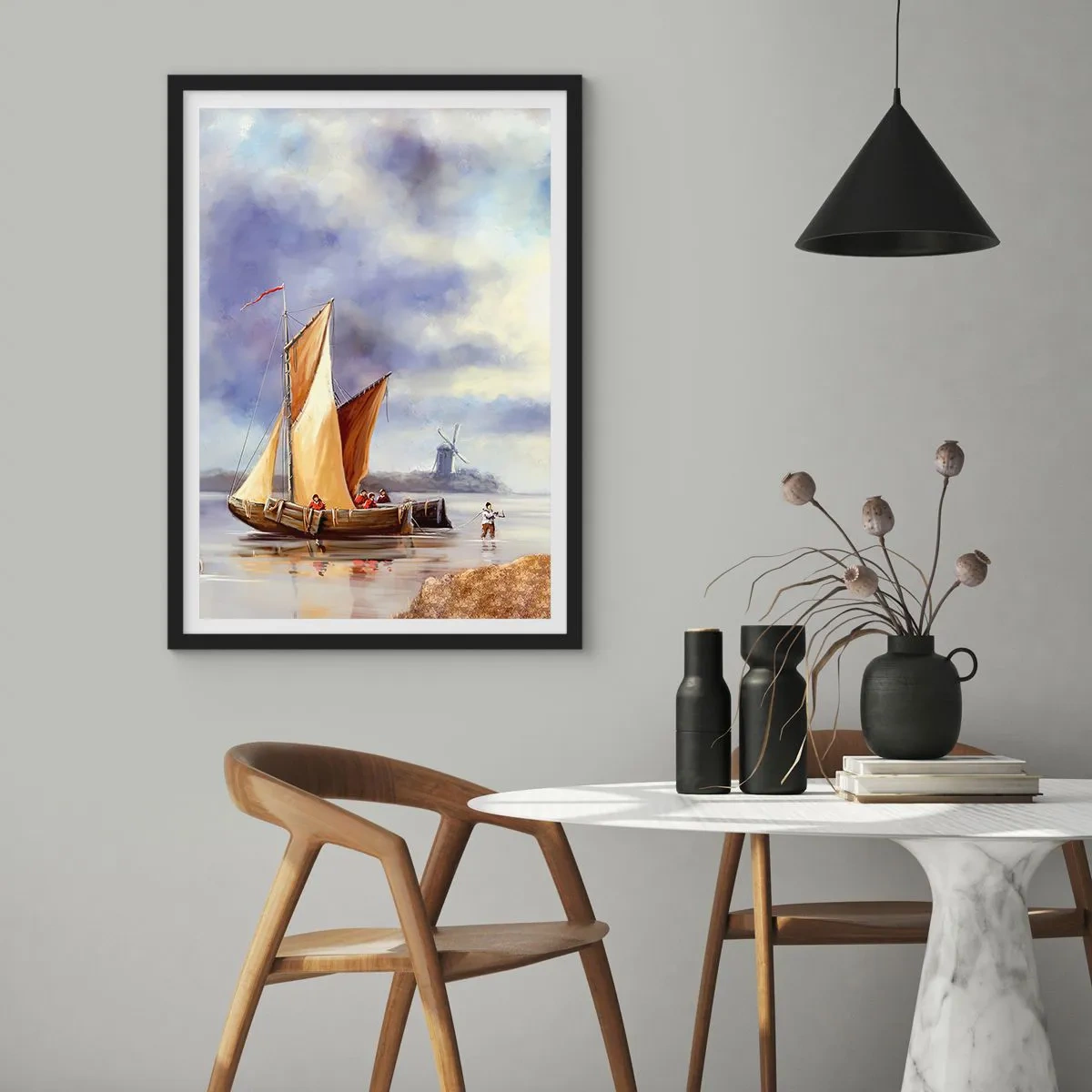 Plagát v čiernom ráme - Plachetnica na brehu s veterným mlynom v pozadí - 50x70cm - Návrat námorníkov - Moderná nástenná dekorácia do obývacej izby a spálne ARTTOR