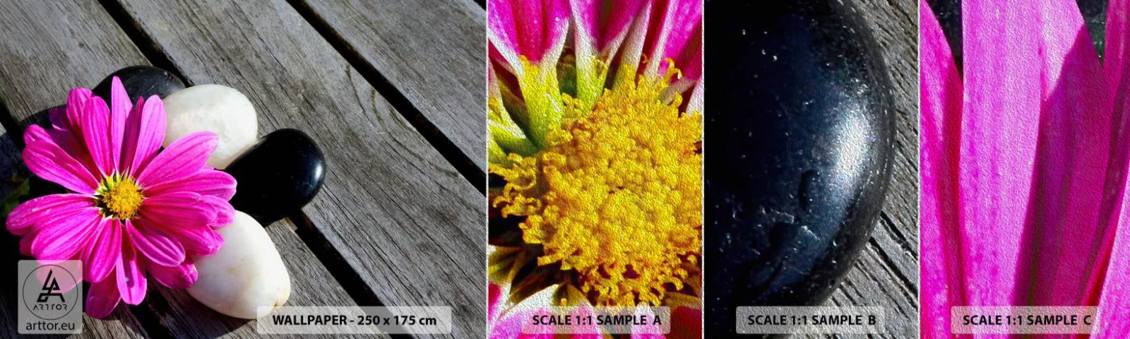 Vzorka fototapety Premium Sand - Odpočinok na móle - Kvetina, Kamene, Drevený most - 100x30 cm