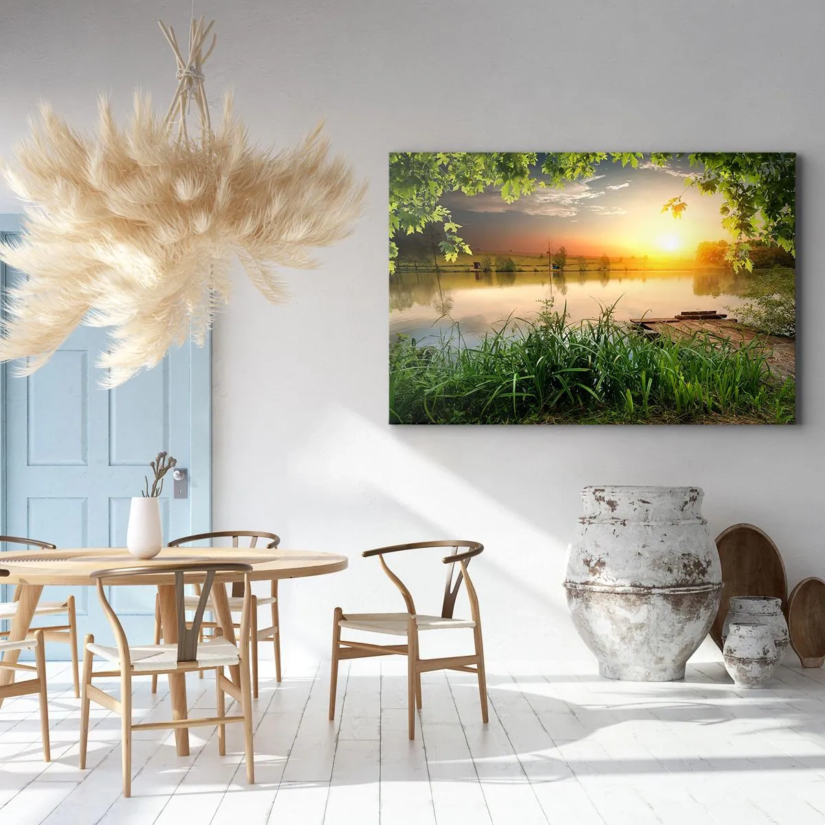 Obraz na plátne - Zelená krajina s jazerom pri západe slnka - 70x50cm - Krajina v zelenom ráme - Moderná nástenná dekorácia do obývacej izby a spálne ARTTOR