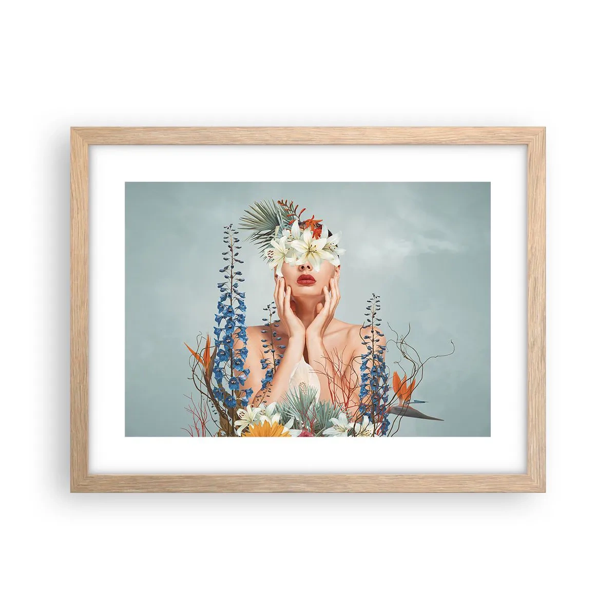 Plagát v ráme zo svetlého duba - Žena – kvetina - 40x30 cm
